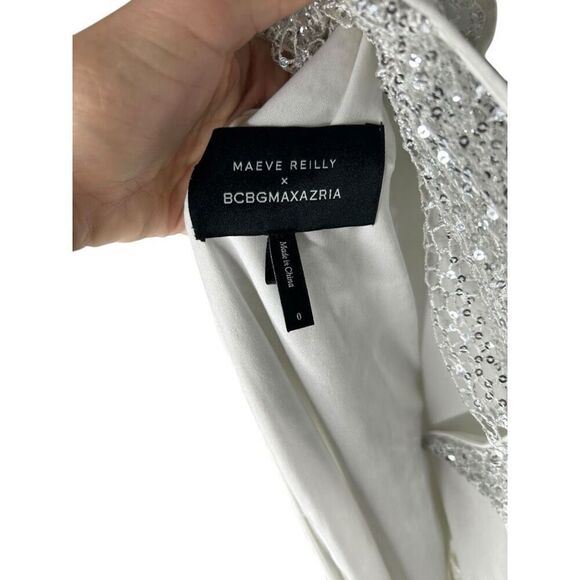 Maeve Reilly x BCBGMAZAZRIA Silver Asymmetrical Mini Dress Size 0 Puff Sleeve - Picture 8 of 12